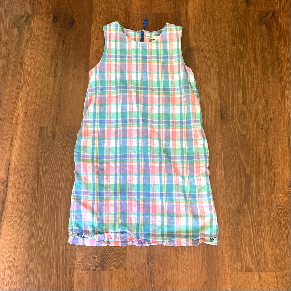 Vineyard vines girls pink purple blue and green plaid dress